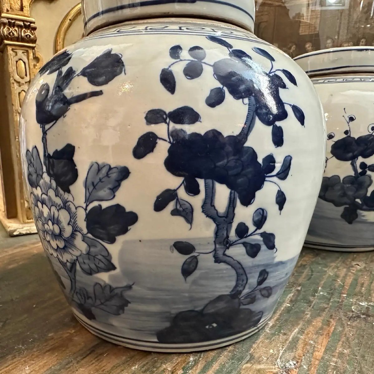 Una coppia di barattoli di zenzero cinesi in ceramica blu e bianca della fine del XX secolo-photo-4