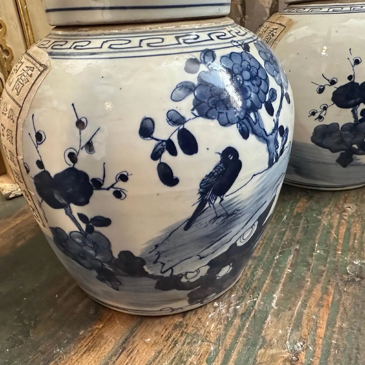 Una coppia di barattoli di zenzero cinesi in ceramica blu e bianca della fine del XX secolo-photo-6