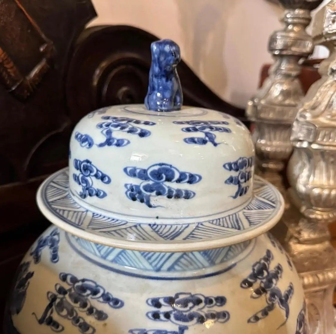 Barattoli  cinesi  per zenzero in ceramica bianca e blu della metà del XX secolo-photo-1