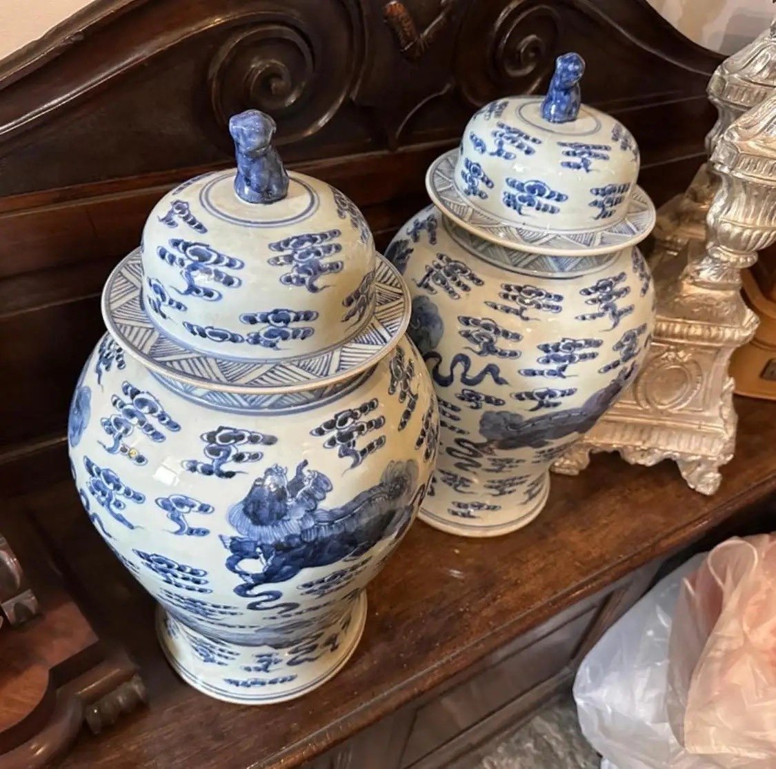Barattoli  cinesi  per zenzero in ceramica bianca e blu della metà del XX secolo-photo-2