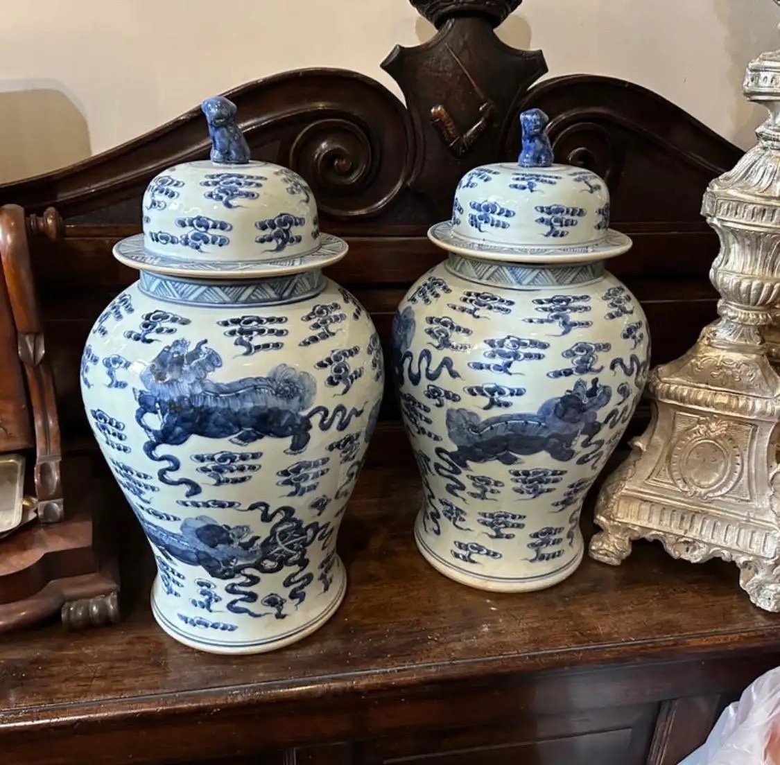 Barattoli  cinesi  per zenzero in ceramica bianca e blu della metà del XX secolo-photo-4