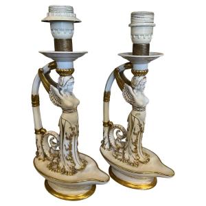 Set di due lampade da tavolo neoclassiche in porcellana di Capodimonte bianca e oro, 1900