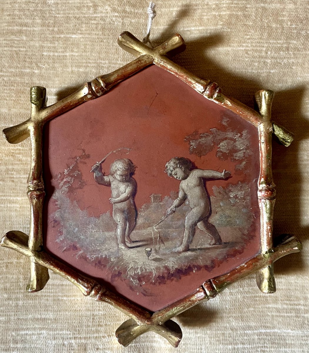 Piccolo dipinto esagonale con scena di putti -photo-3