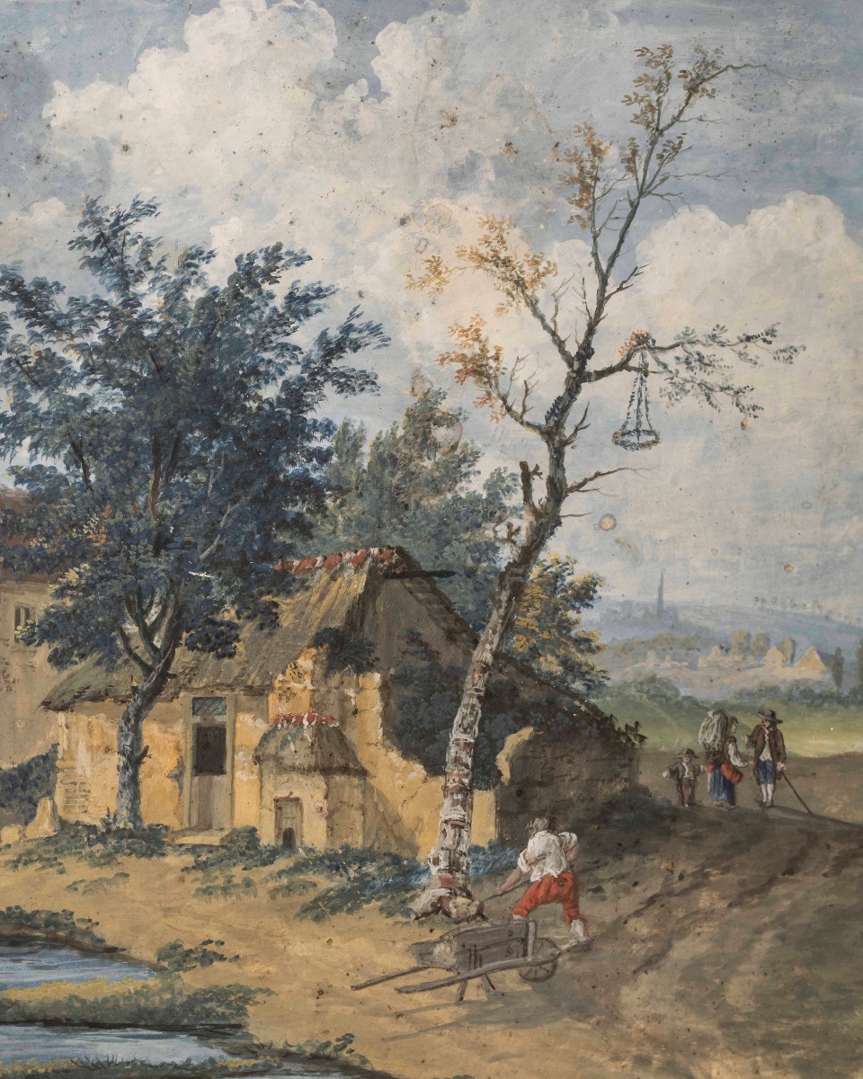 Paesaggio con borgo, mulini, ruscello e personaggi-photo-2