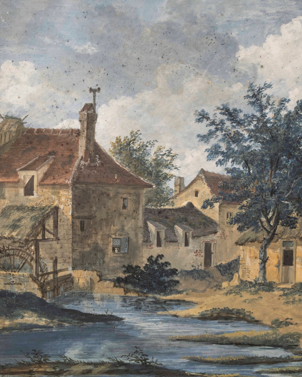 Paesaggio con borgo, mulini, ruscello e personaggi-photo-3