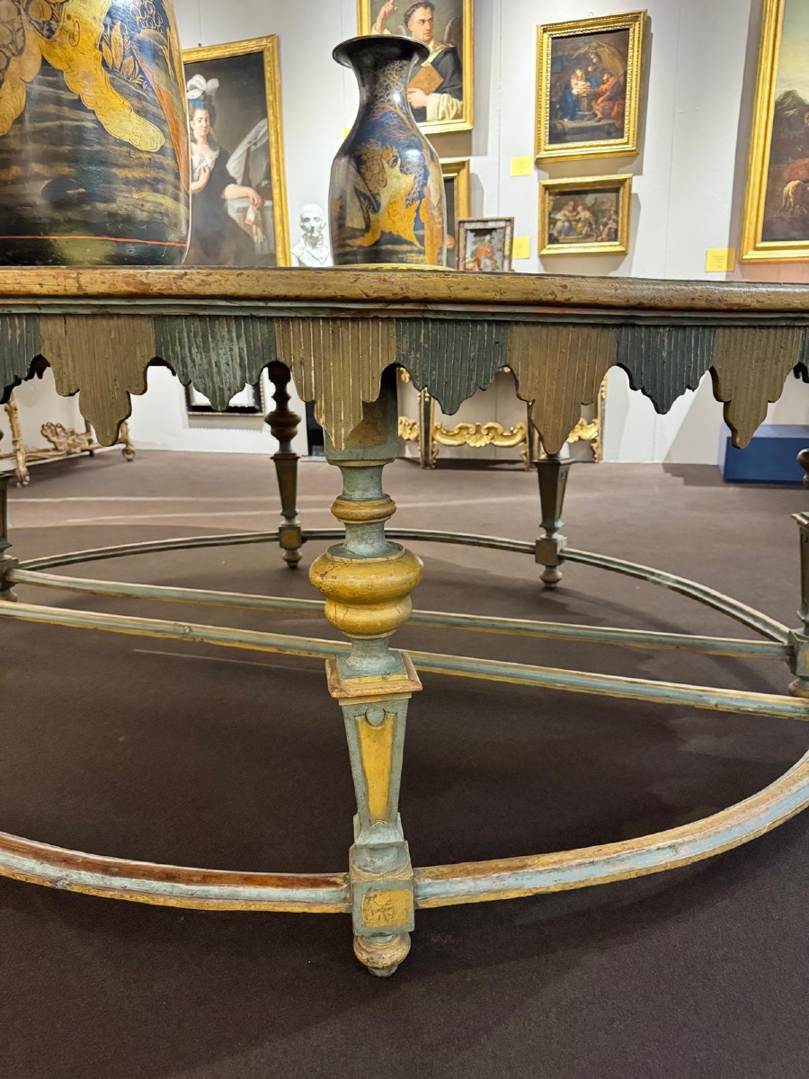 Tavolo formato da due grandi console laccate azzurre del XVII secolo-photo-2