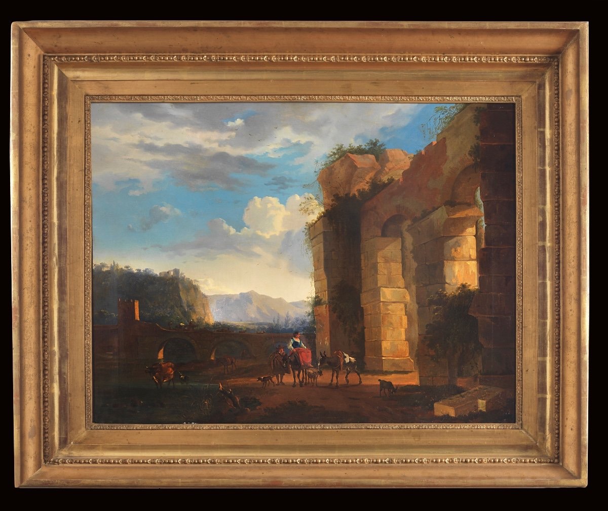 Paesaggio italianizzante con rovine classiche e viandanti, scuola fiamminga, XVIII sec