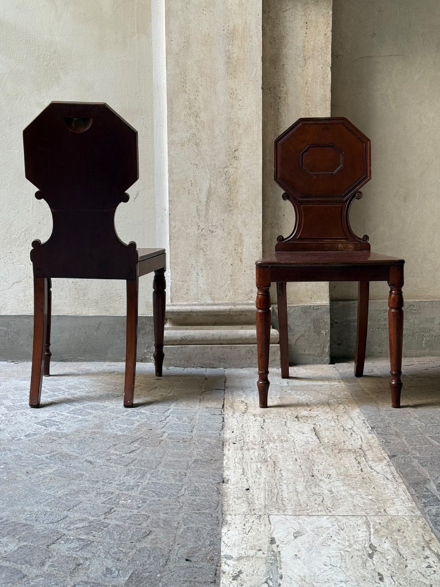 Coppia di sedie da ingresso in mogano, stile neoclassico, Inghilterra XIX secolo-photo-4