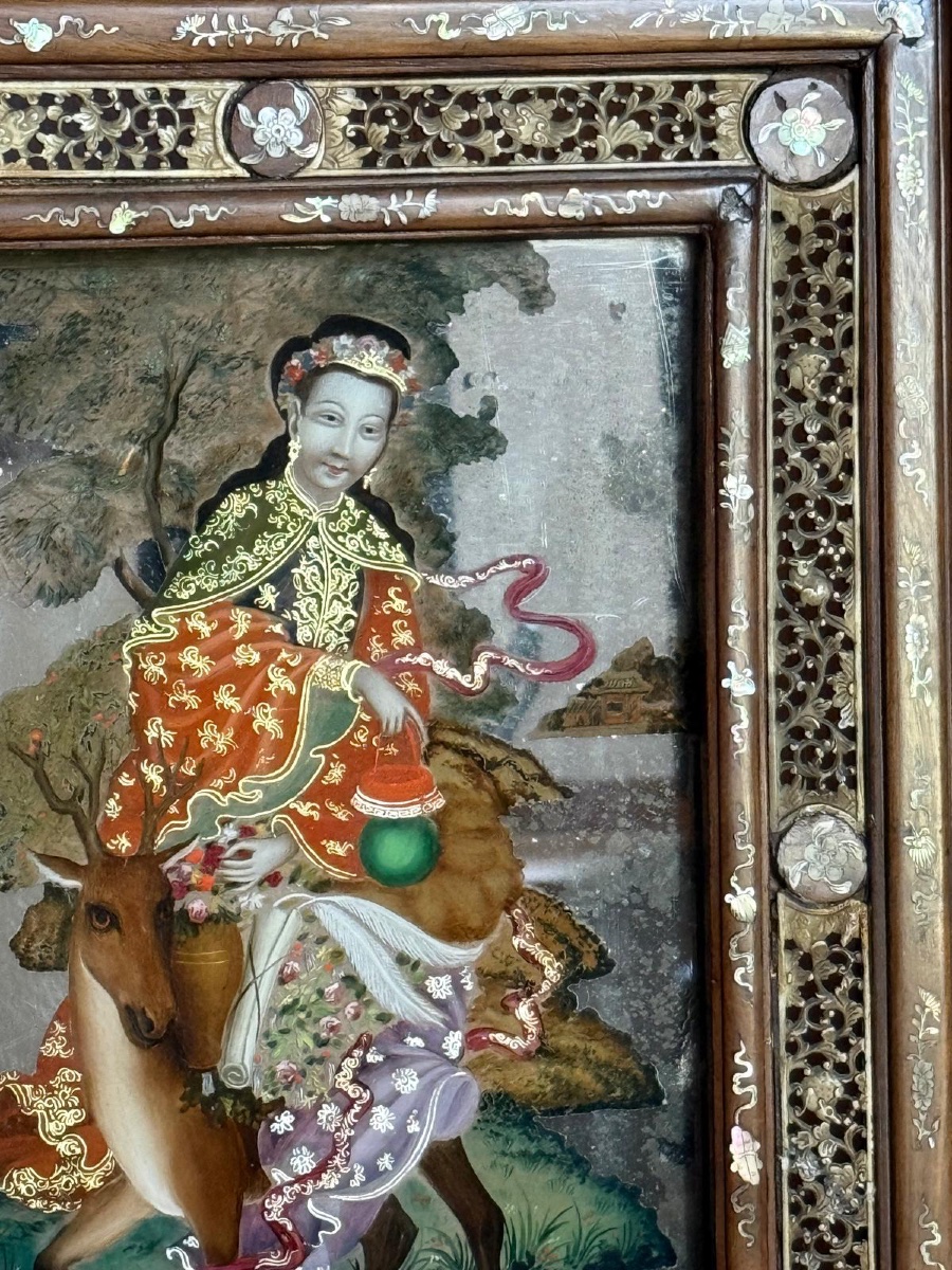 Specchio dipinto raffigurante una figura orientale a cavallo di un cervo, Cina, XIX secolo-photo-4