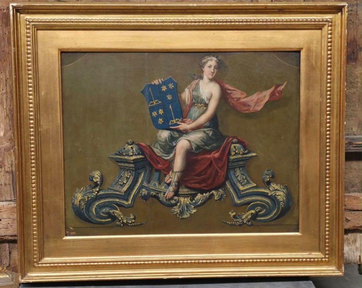 Pannello decorativo per carrozza con stemma araldico, Francia XVIII secolo-photo-2
