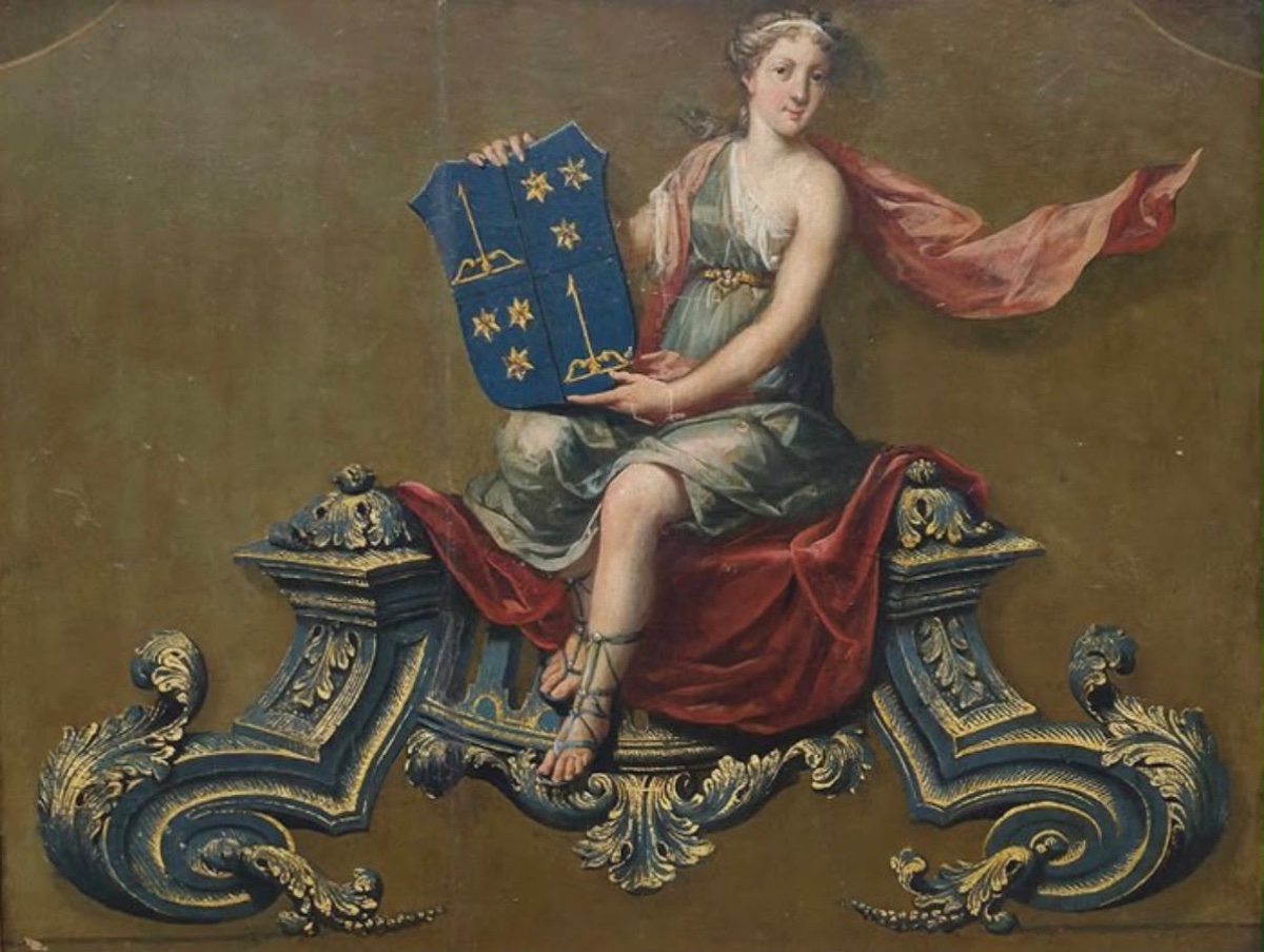 Pannello decorativo per carrozza con stemma araldico, Francia XVIII secolo