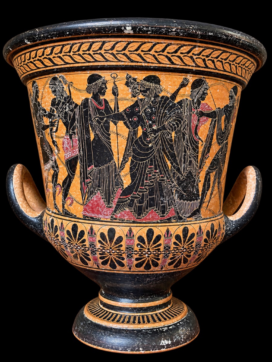 Vaso greco a figure nere su fondo rosso con raffiguranti una scena di vendemmia, XIX secolo
