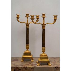 Pierre-Philippe Thomire (Parigi, 1751–1843) Coppia di candelabri Bronzo dorato con agata