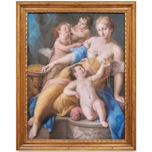 Coppia di pastelli del XVIII secolo Scuola emiliana, Pastello su carta