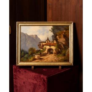 Veduta di paesaggio con casolare alpino e passanti