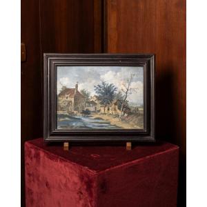 Paesaggio con borgo, mulini, ruscello e personaggi