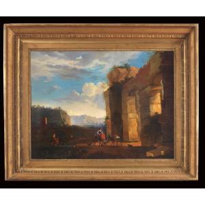 Paesaggio italianizzante con rovine classiche e viandanti, scuola fiamminga, XVIII sec