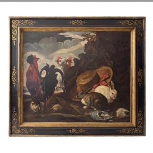 Paesaggio con galli, conigli, e cappello di paglia attribuito ad Angelo Maria Crivelli