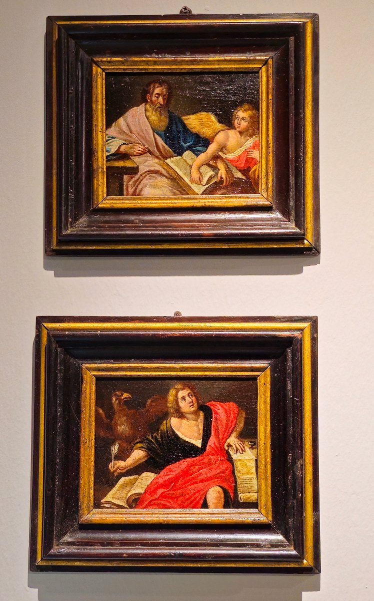Quattro piccoli dipinti olio su tela entro cornici coeve raffiguranti "4 Evangelisti"-photo-2