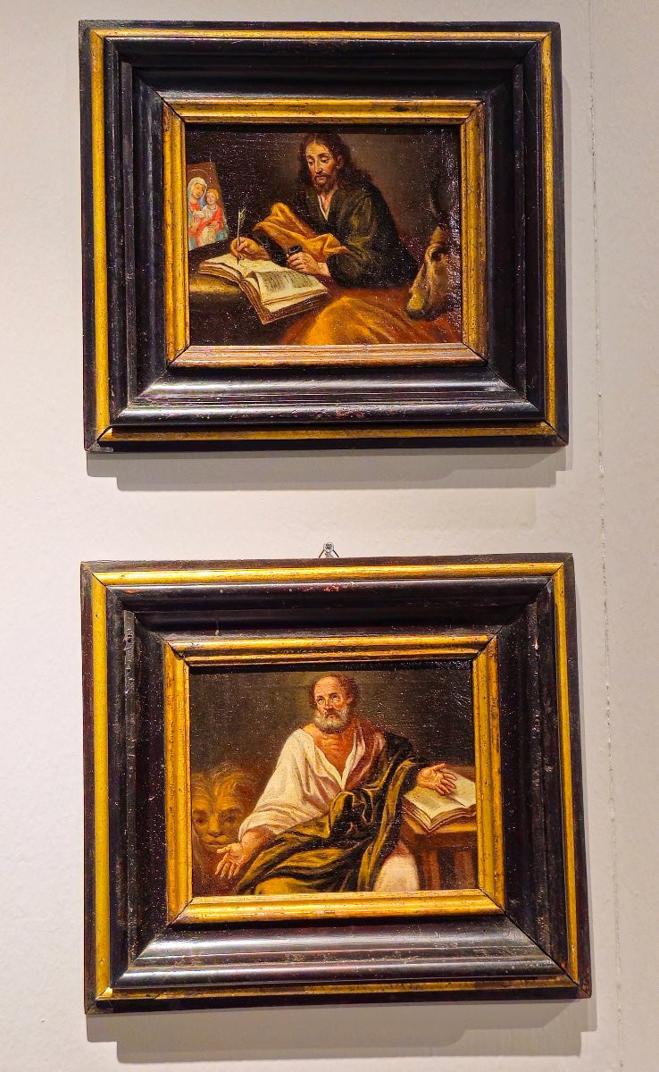 Quattro piccoli dipinti olio su tela entro cornici coeve raffiguranti "4 Evangelisti"-photo-3