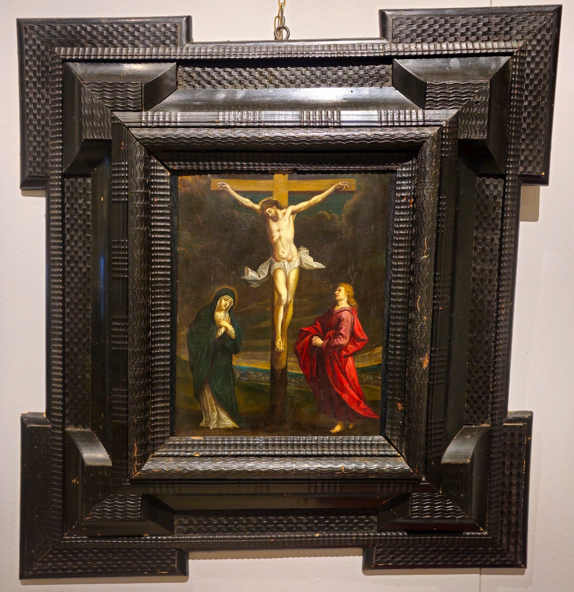 Dipinto ad olio su rame raffigurante "Crocifissione" fine '600