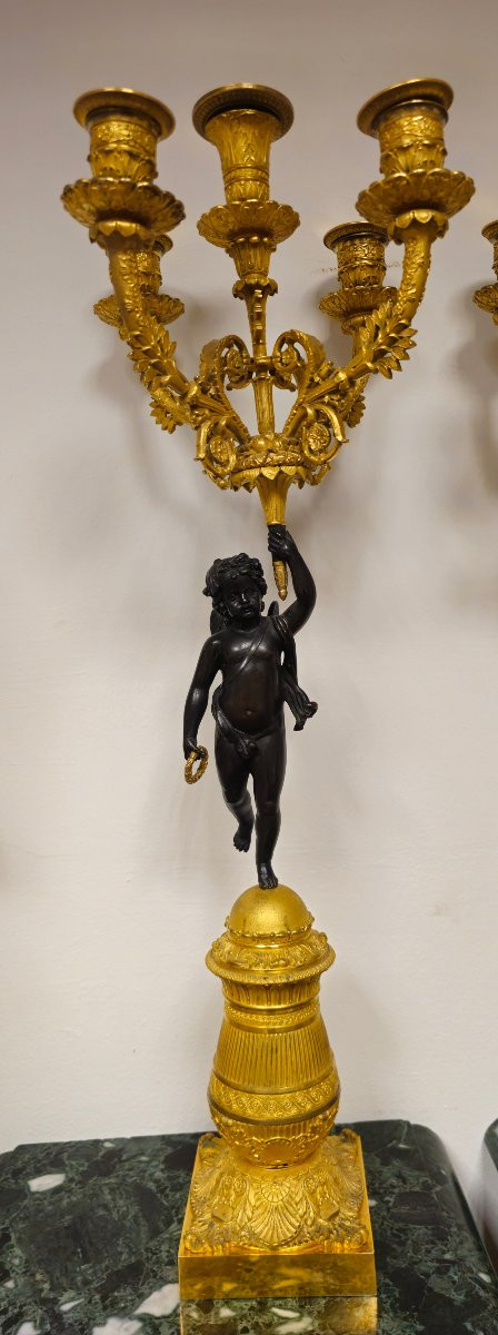 Coppia di candelabri Carlo X in bronzo dorato con figure di putti, Francia-photo-2