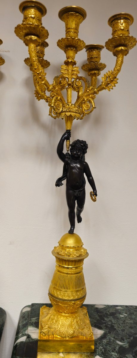 Coppia di candelabri Carlo X in bronzo dorato con figure di putti, Francia-photo-3