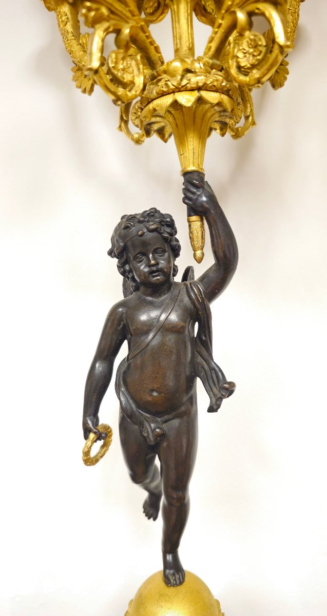 Coppia di candelabri Carlo X in bronzo dorato con figure di putti, Francia-photo-4