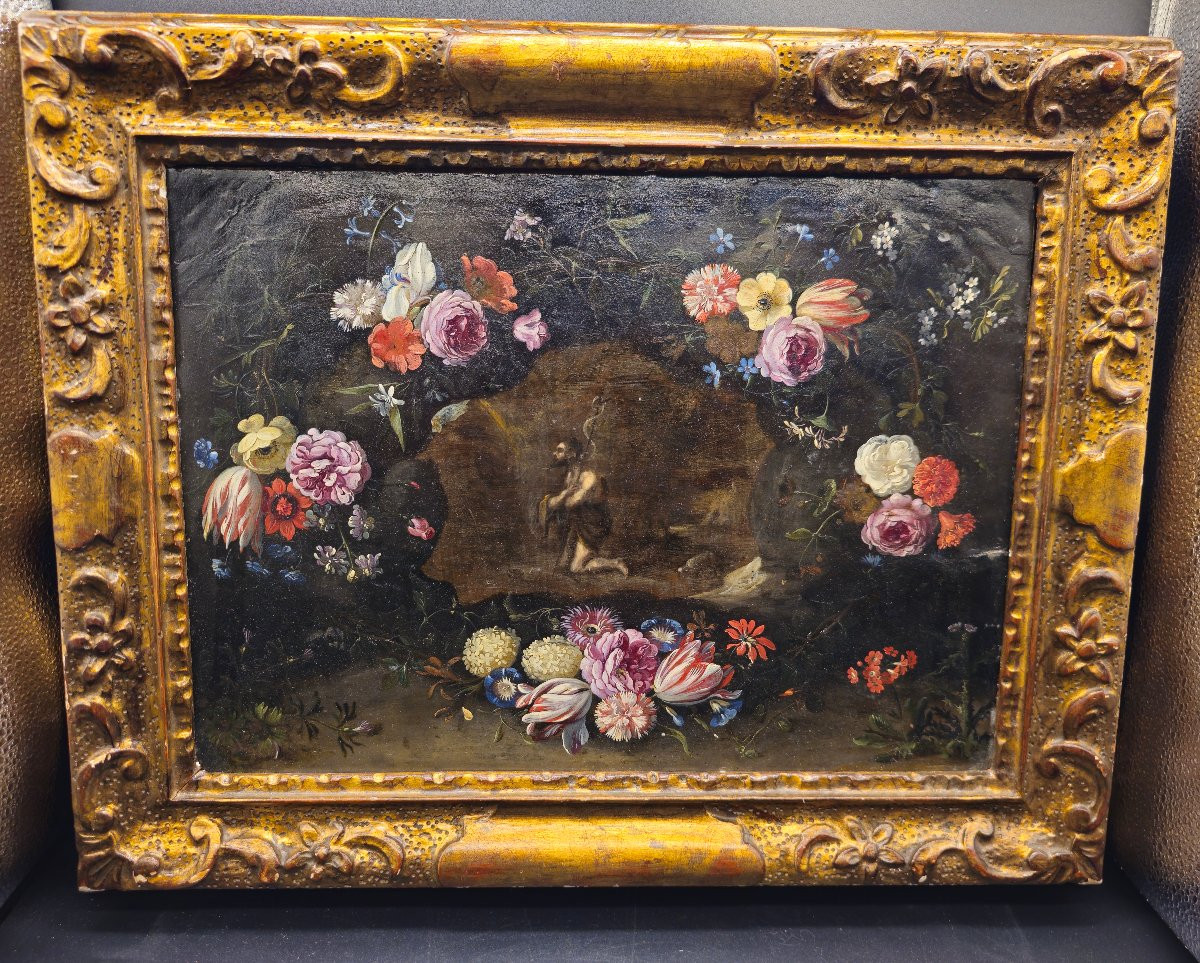 Daniel Seghers – San Giovanni Battista nel deserto entro ghirlanda floreale, olio su rame-photo-2