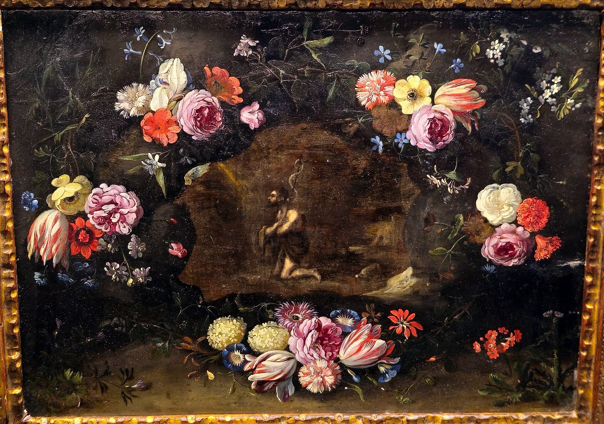 Daniel Seghers – San Giovanni Battista nel deserto entro ghirlanda floreale, olio su rame-photo-3