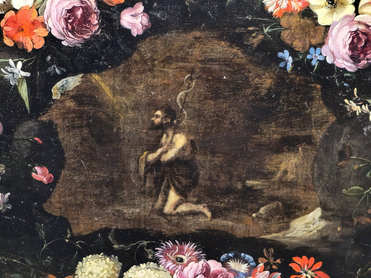 Daniel Seghers – San Giovanni Battista nel deserto entro ghirlanda floreale, olio su rame-photo-4