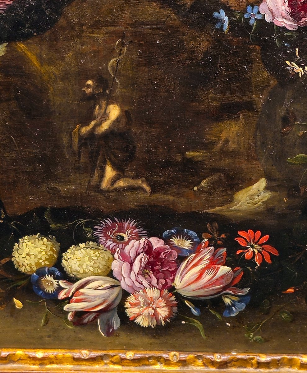Daniel Seghers – San Giovanni Battista nel deserto entro ghirlanda floreale, olio su rame-photo-1