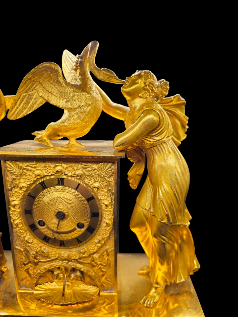Pendola Leda e il Cigno Impero in Bronzo Dorato al Mercurio, Francia Inizi XIX Secolo-photo-2