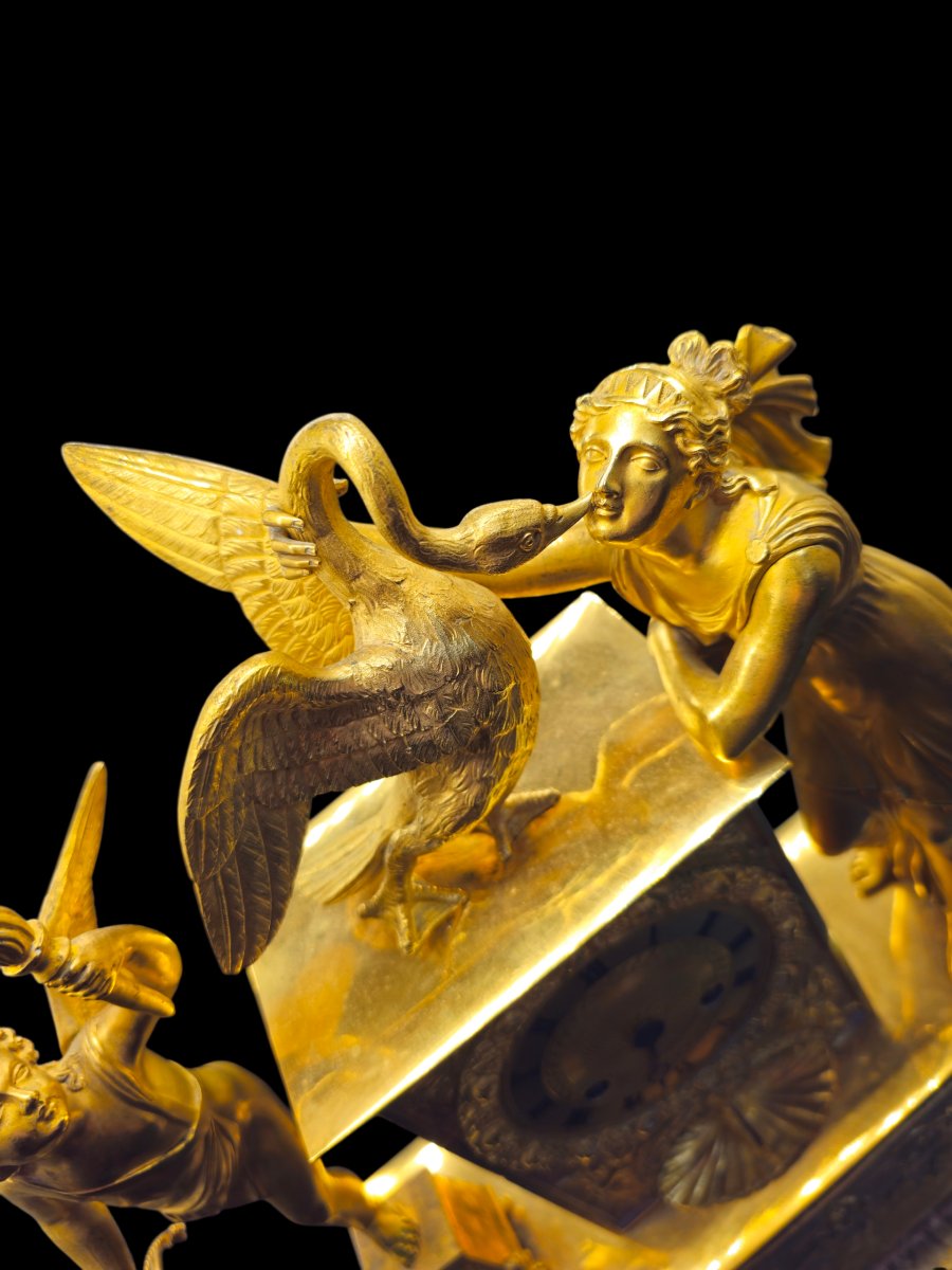 Pendola Leda e il Cigno Impero in Bronzo Dorato al Mercurio, Francia Inizi XIX Secolo-photo-4