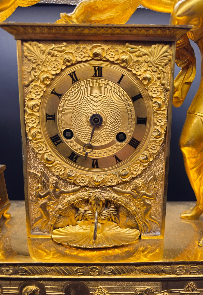 Pendola Leda e il Cigno Impero in Bronzo Dorato al Mercurio, Francia Inizi XIX Secolo-photo-3