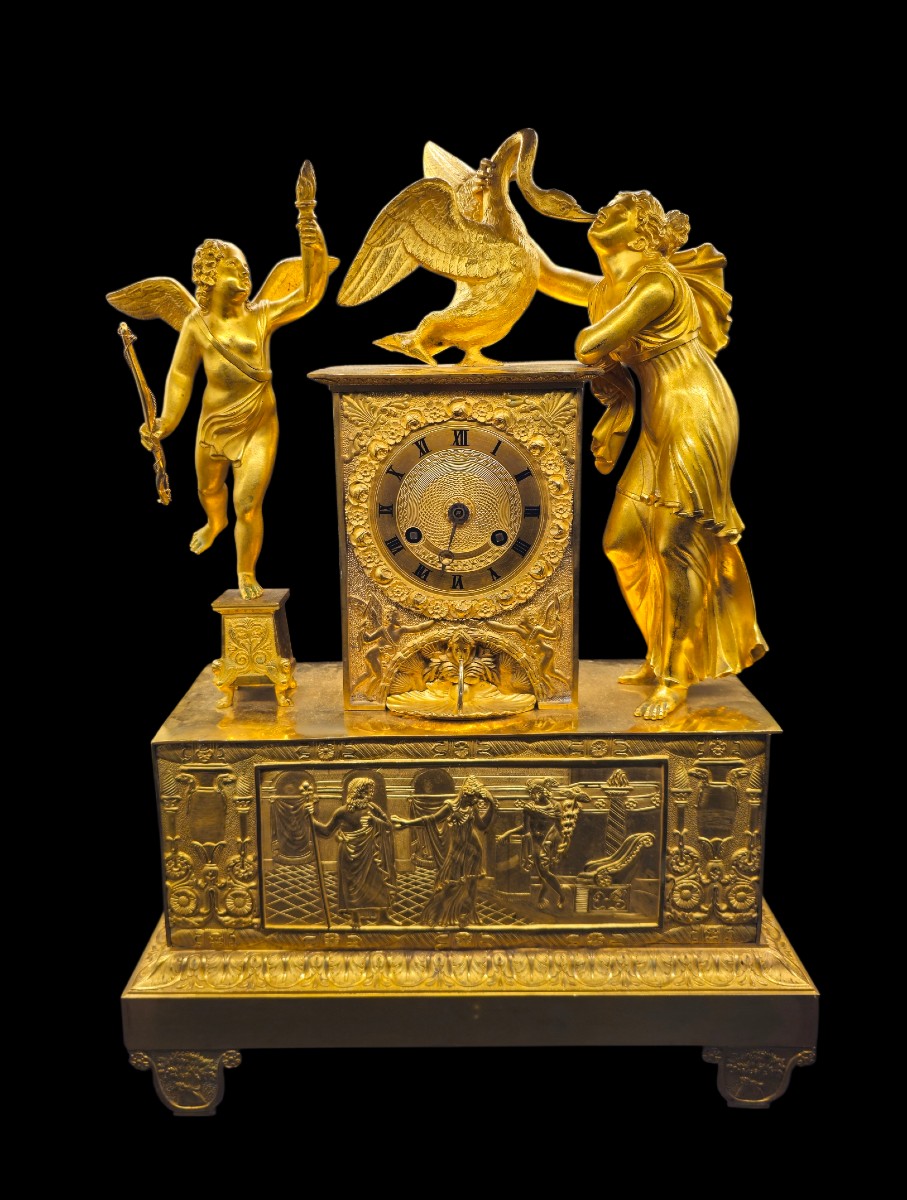 Pendola Leda e il Cigno Impero in Bronzo Dorato al Mercurio, Francia Inizi XIX Secolo