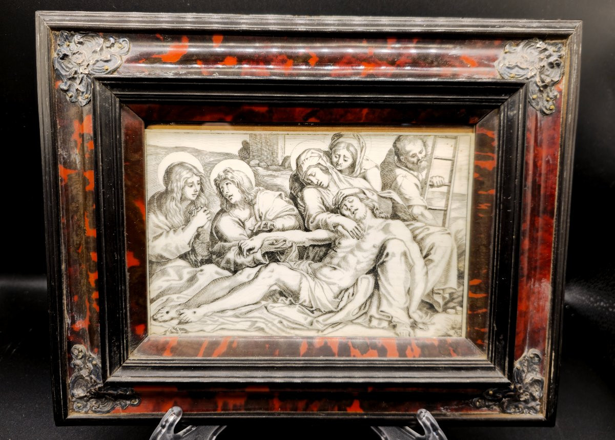 Pietà attribuita ad Annibale Carracci, incisione su avorio, cornice in tartaruga e argento-photo-2