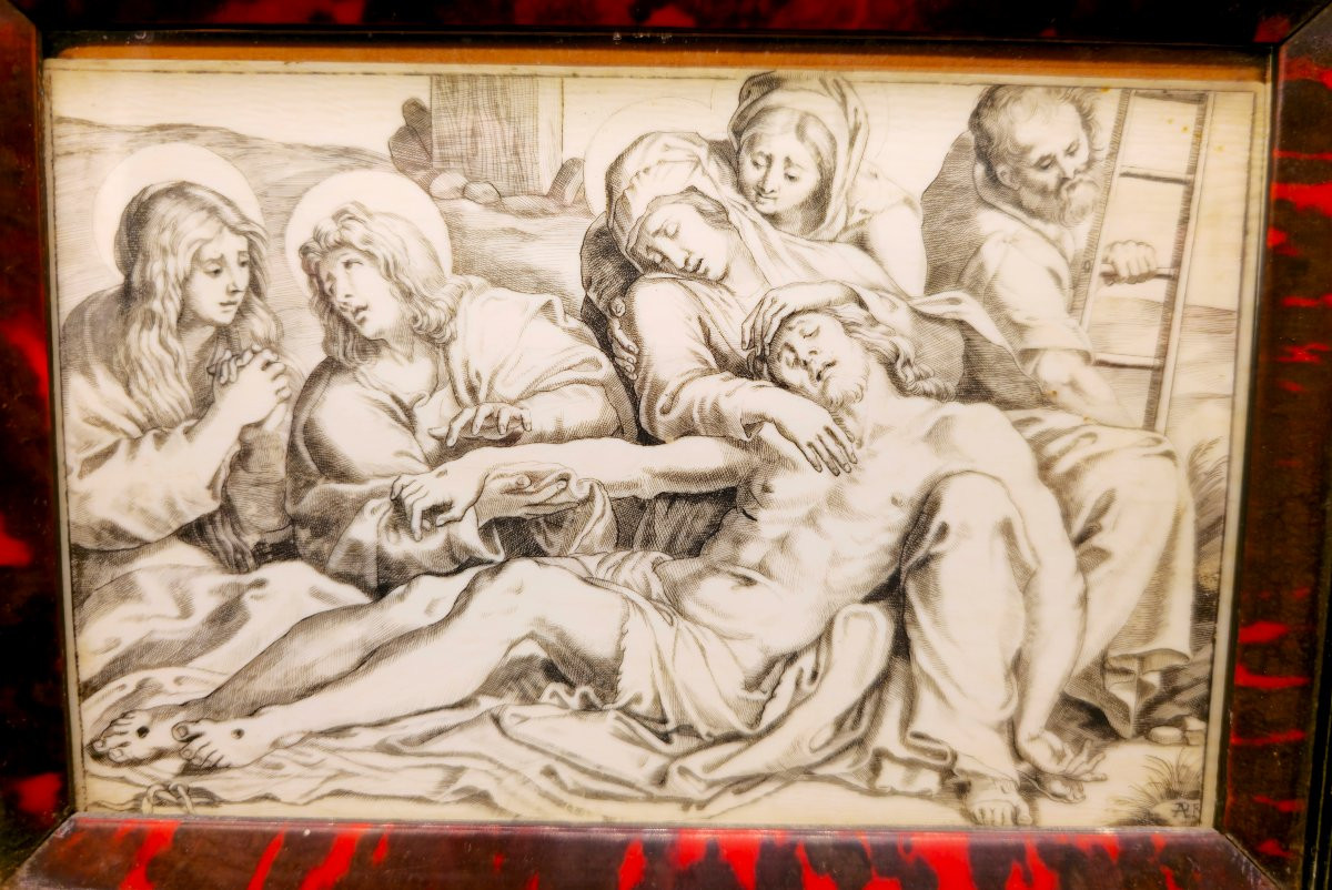 Pietà attribuita ad Annibale Carracci, incisione su avorio, cornice in tartaruga e argento-photo-4