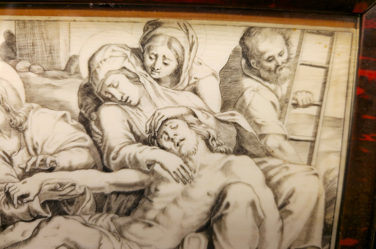 Pietà attribuita ad Annibale Carracci, incisione su avorio, cornice in tartaruga e argento-photo-1