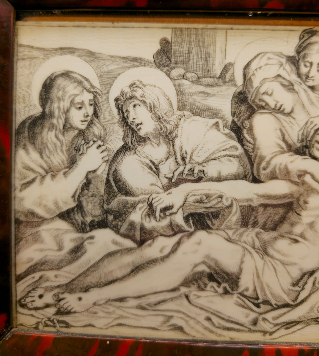 Pietà attribuita ad Annibale Carracci, incisione su avorio, cornice in tartaruga e argento-photo-2