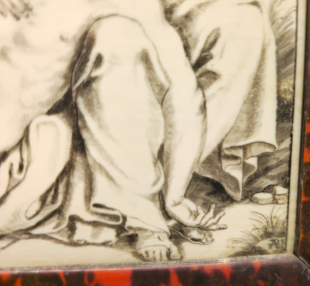 Pietà attribuita ad Annibale Carracci, incisione su avorio, cornice in tartaruga e argento-photo-3