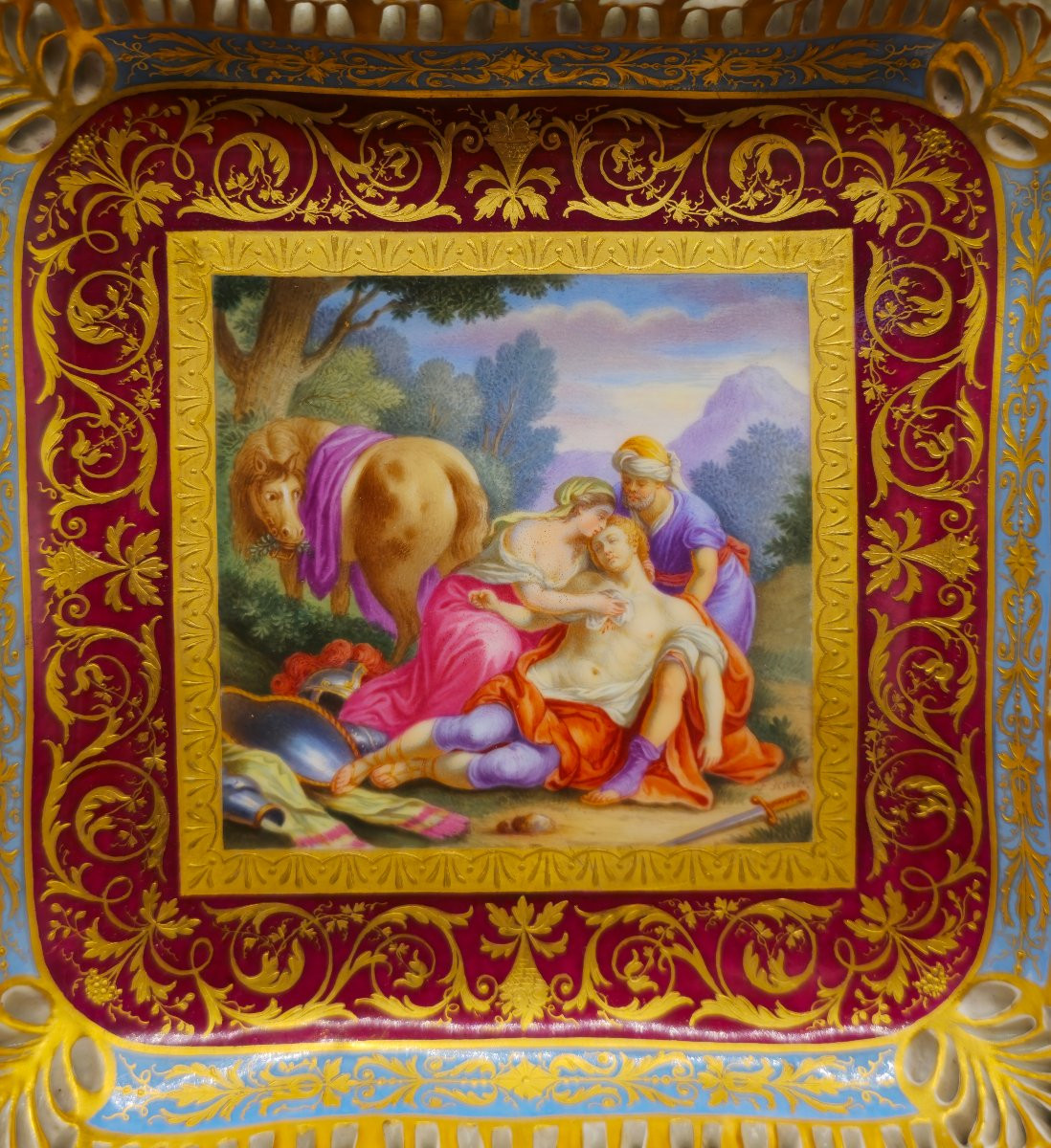 Piccolo vassoio in porcellana Vienna 1830/40, Tancredi soccorre Erminia-photo-2