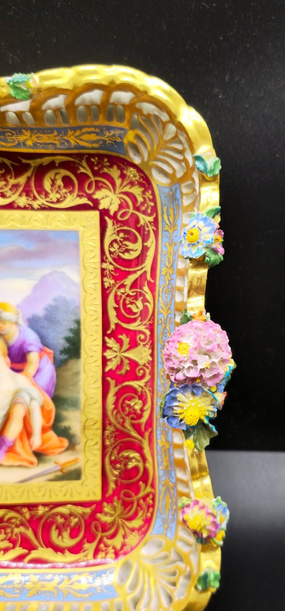 Piccolo vassoio in porcellana Vienna 1830/40, Tancredi soccorre Erminia-photo-3