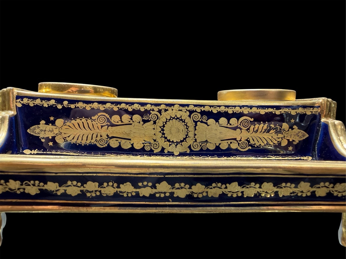 Calamaio Epoca Impero in Porcellana di Parigi, Fondo Bleu de Roi e Oro (1810-1820)-photo-2