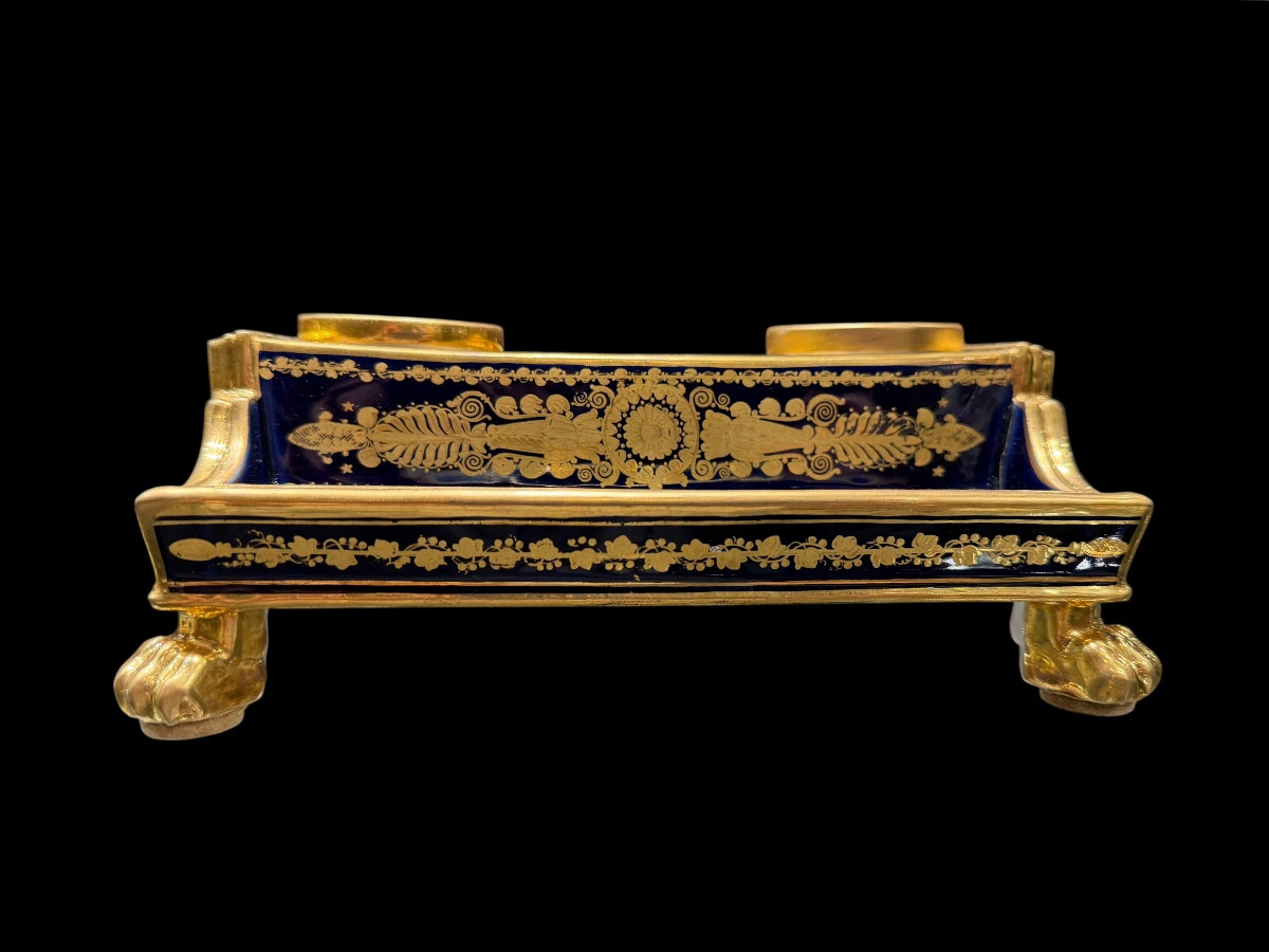 Calamaio Epoca Impero in Porcellana di Parigi, Fondo Bleu de Roi e Oro (1810-1820)