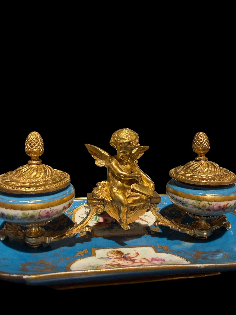 Calamaio in porcellana di Sèvres e bronzi dorati - Epoca Napoleone III-photo-2
