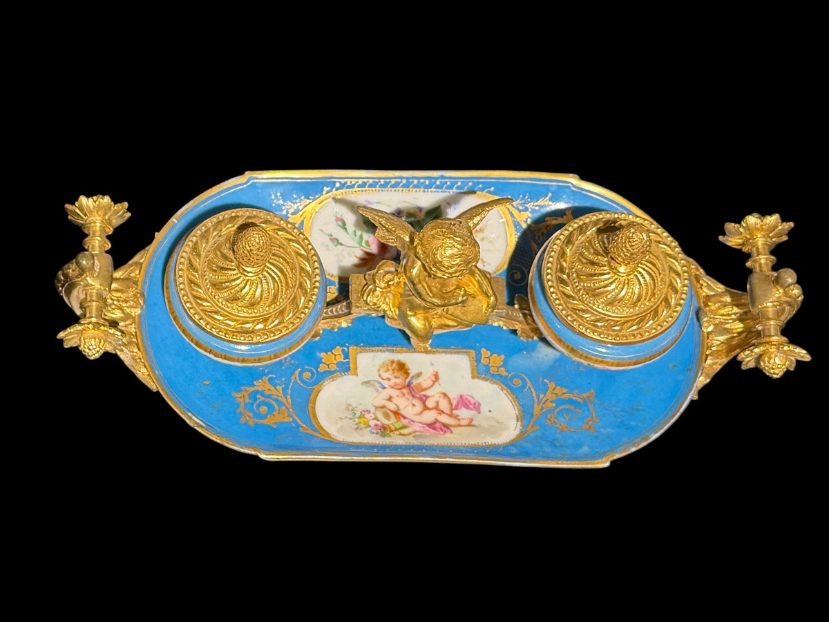 Calamaio in porcellana di Sèvres e bronzi dorati - Epoca Napoleone III-photo-3