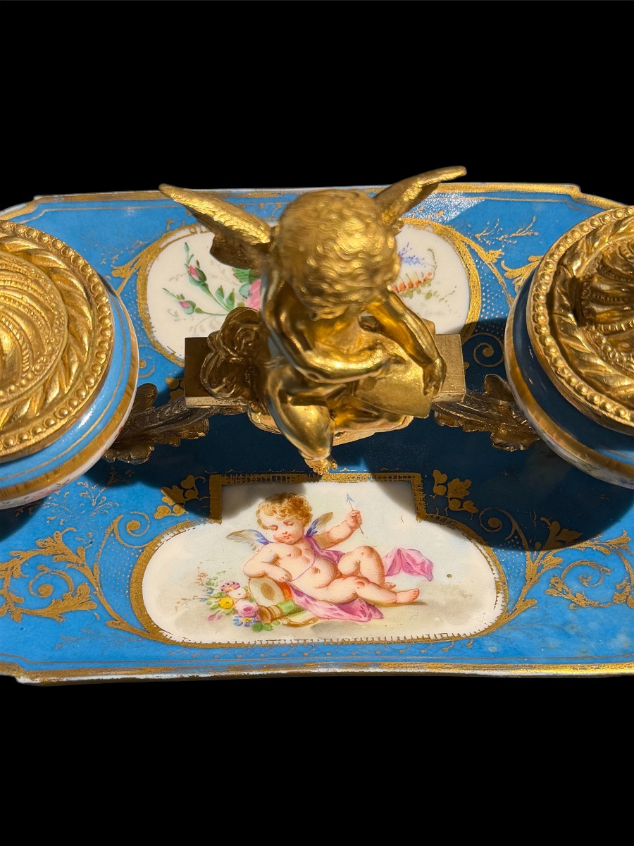 Calamaio in porcellana di Sèvres e bronzi dorati - Epoca Napoleone III-photo-4