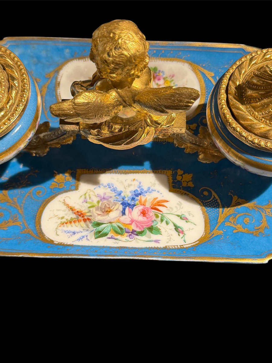 Calamaio in porcellana di Sèvres e bronzi dorati - Epoca Napoleone III-photo-1
