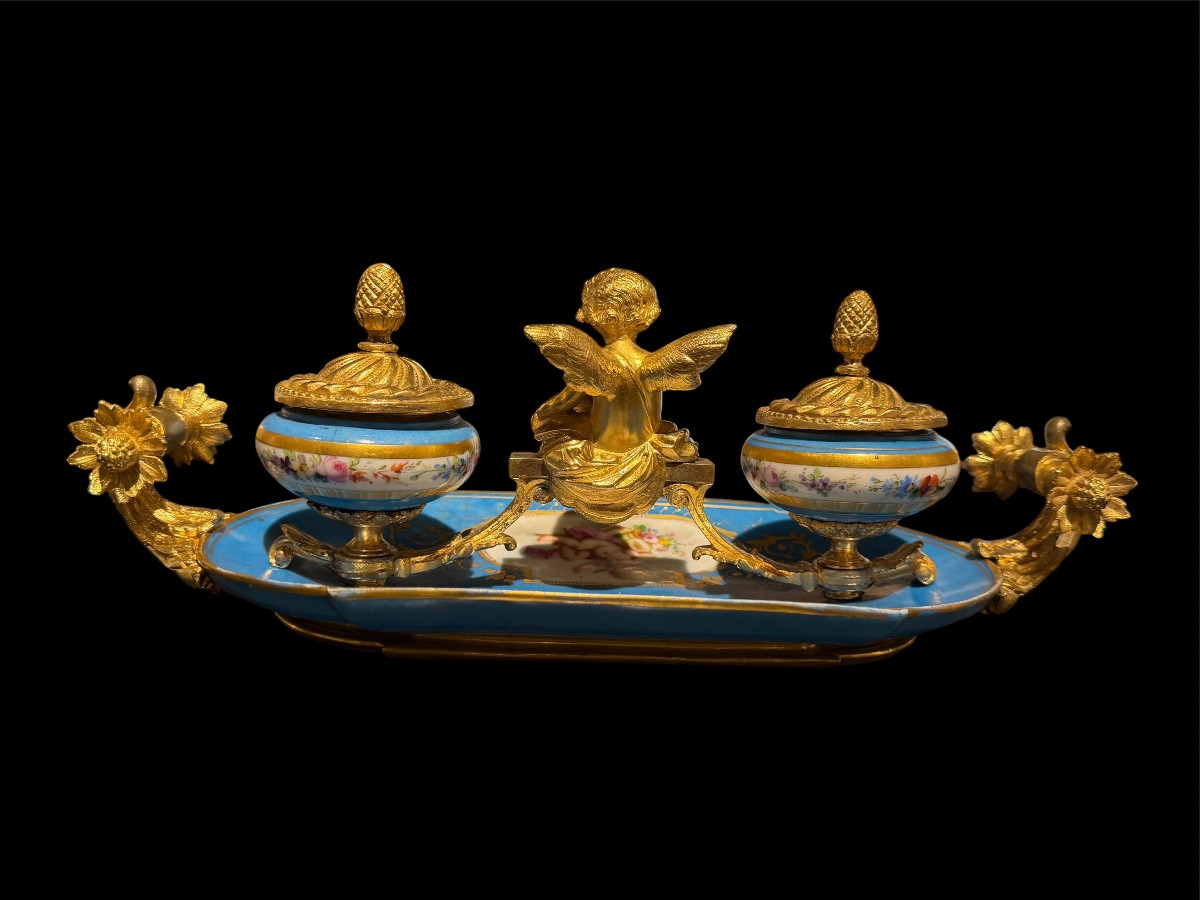 Calamaio in porcellana di Sèvres e bronzi dorati - Epoca Napoleone III-photo-2